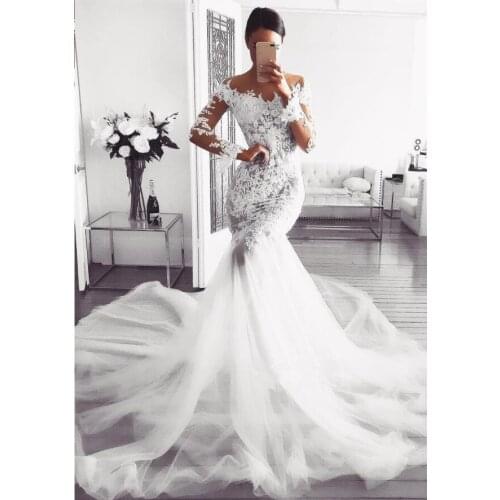 Elegant White Lace Mermaid Wedding Dress Long Sleeve Off Shoulder Wedding Gowns Appliques Tulle Bridal Dress Robe Femme Mariage