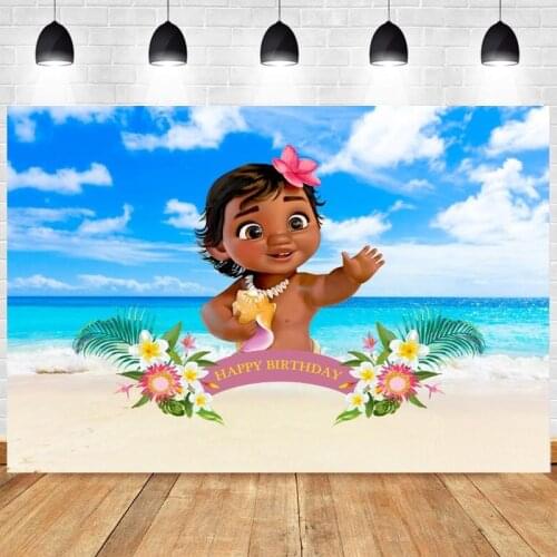 Girls Baby Moana Photo Backdrop Kids Beach Ocean Luau Happy 1st Birthday Party Photograph Background Banner Vaiana Decoration