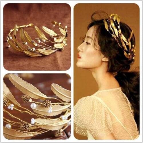 FORSEVEN Vintage Crystal Pearl Headband Bride Tiara Headpiece Gold Color Leaf Hair Jewelry Wedding Crowns Hair Accessories JL