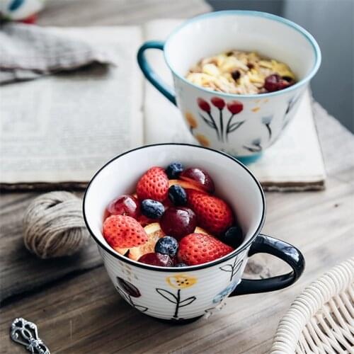 Nordic Ceramic Large Capacity Hand-painted Colorful Flower Breakfast Mug Milk Tea Cup Couple Coffee Mug Rice Soup Bowl Tableware