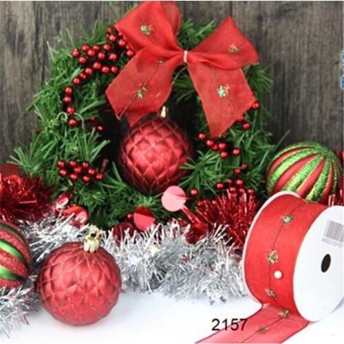 N2157 38MM X 25yards roll Red organza w/ green knot gift box wrapping ribbon wired edge ribbon