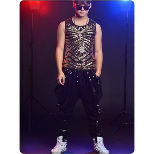 Summer bar nightclub trendy man dance singer performance costume male stage costume custom gold sequined vest