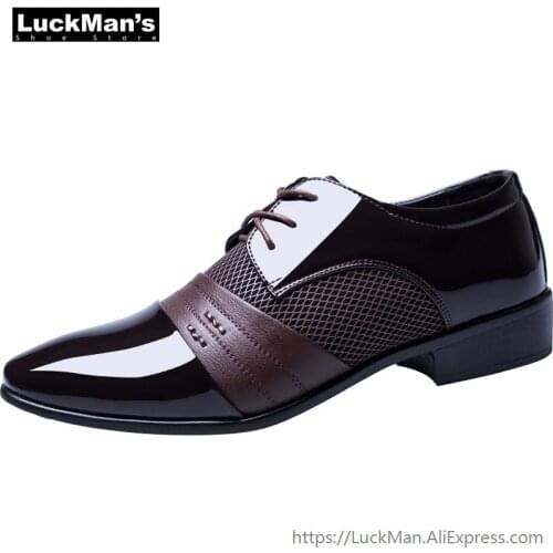 LuckMan 2019 Spring Autumn Business Shoes Plus Size EUR 47 Oxford Patent Leather Mens Shoes Lace-up Flats Shoes Black LMS002