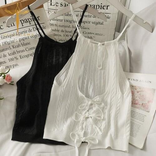 Spaghetti Strap Camisole Womens Bandage Cross Hollow Black Tank Tops Casual Backless Sexy Crop Tops Lace-Up Crop Vest Femme