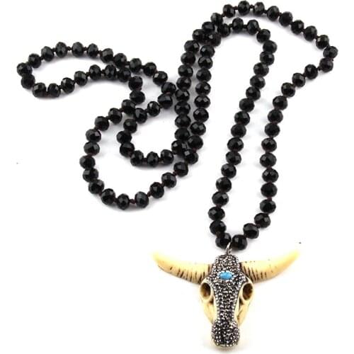 Fashion Black Long Crystal Glass Knotted Pave Crystal Horn Necklaces