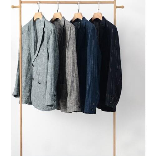 D021 New Men Linen Suit Spring Casual Professional Youth Chic Back Split Loose Fashion Solid Color Pocket Vertical Stripe Coat
