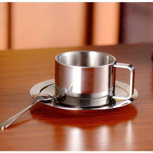 Stainless Steel Coffee Cup Saucer Spoon Set Double-layer Heat Insulation Anti-scalding Condensed Coffee Tea Breakfast Milk Cup