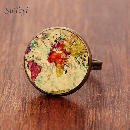 SUTEYI 2020 New Style Map Adjustable Rings World Map Ring Rainbow Multicoloured Map Jewelry Round Glass Ring For Women