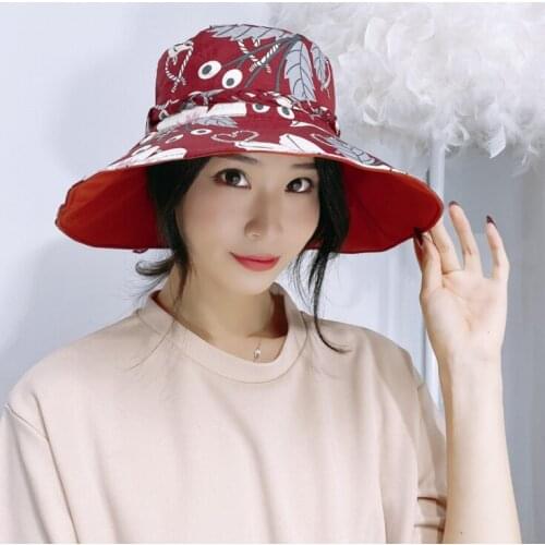 Summer Korean Cotton Fisherman Beach Floral Bucket Hat Large Wide Brim Flower Printed Vacation Visor Sun Cap