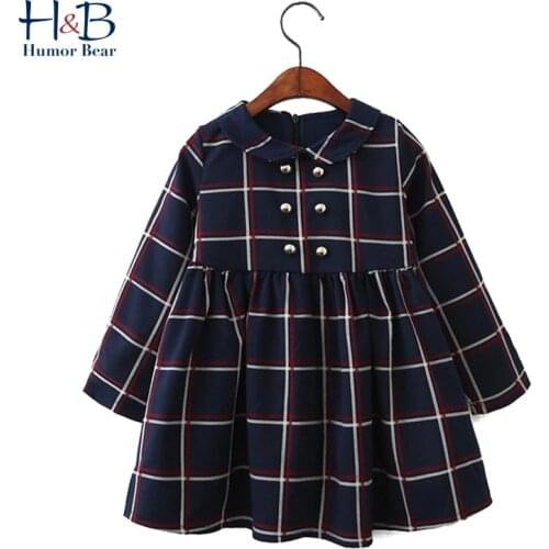 Humor Bear Girls Dress New Autumn College Winds Style Girls Clothing Long Sleeve Lapel Lattice Pattern Children Kids Dress
