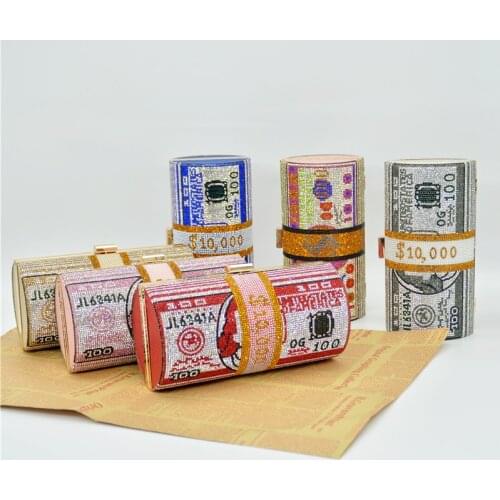 Luxury Woman $100 Roll Dollars Rhinestone Money Purse Clutch Evening Bag Crystals Shoulder Bling Money Bag Designer Handbag