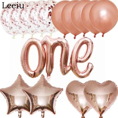 Leeiu Boy Girl One Year Birthday Script Foil Balloon Rose Gold Confetti Ballons Baby Shower Gender Reveal Party Decoration