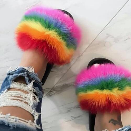 Fur Slides Women Fox Fur Slippers Winter Women Shoes Luxury Furry Slippers Home Sandals Cute Raccoon Hair Flip Flops Plus Size