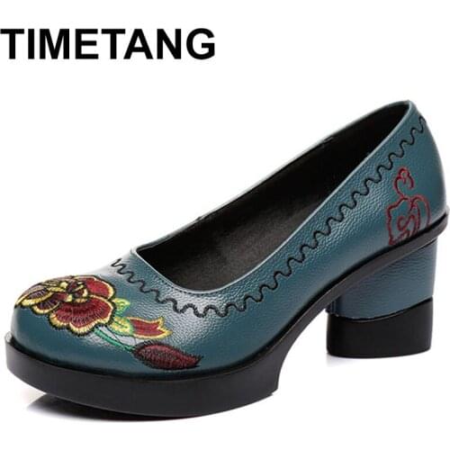TIMETANG Spring Women Pumps Retro Embroidery Lady 7.5CM High Heels Slip On Platform Hand Pumps Women Genuine Leather Shoes
