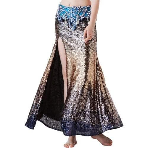 Color Gradient 2019 Women Dance Costume Accessories Long Maxi Skirts Side Split Shinny Sequins Belly Dance Skirt Stretchy