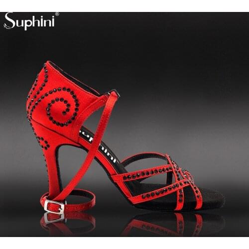 Suphini New Arrivals Red Satin Black Crystal Match Sexy 10cm Professional Flare Heel Latin Salsa Party Dance Shoes