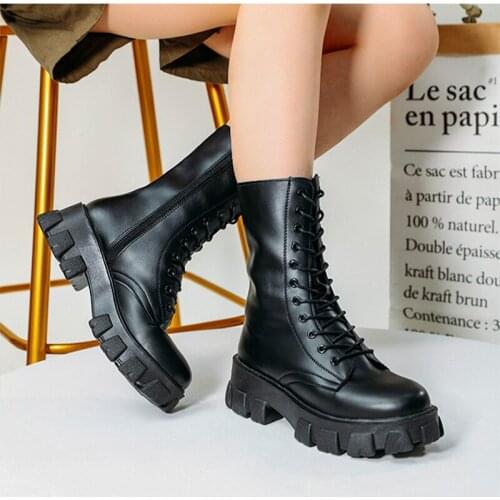 Mid Calf Boots Women 2021 Autumn Platform Mid Heels Ladies Shoes British Style Round Toe Fashion PU Female Motorcycle Boots New