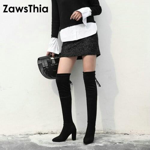 ZawsThia 2020 winter autumn new flock point toe block thick high heels women stretch sock booties over the knee high long boots