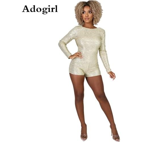 Women Sequined Skinny Playsuits O-Neck Full Sleeve Rompers Jumpsuits Sexy Backless Night Club One Piece Outfits Plus Size S-XXL