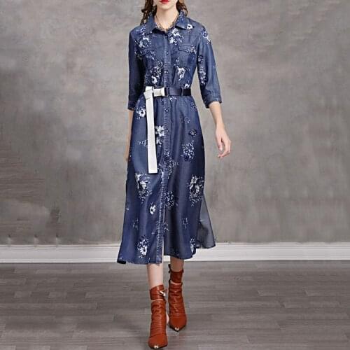 SeeBeautiful Simple Lapel Three Quarter Sleeve Pockets Printed Loose Denim Dress Woman Spring 2021 New Fashion T389