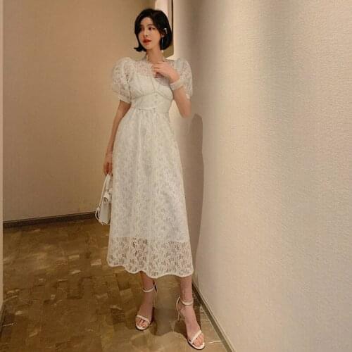 French Style Big Swing Sweet Cute White Lace Dress Woman Corset Midi Party Dresses Women Evening Sheer Dress for Wedding Party