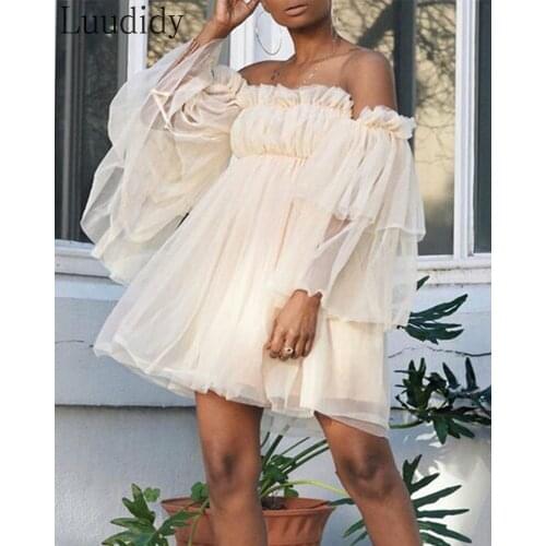 Women Solid Color Off Shoulder Ruffles Layered Mesh Dress