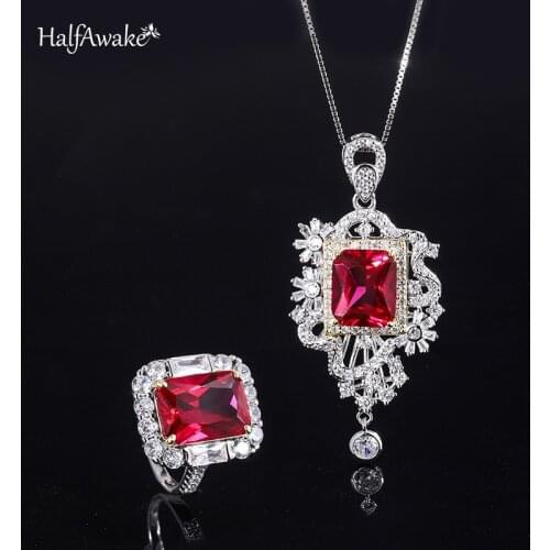 Vintage Fashion Womens Silver Necklace Ring High Quality S925 Whole Body Silver Ruby Pendant Ring Set Main Stone Pendant 10*12