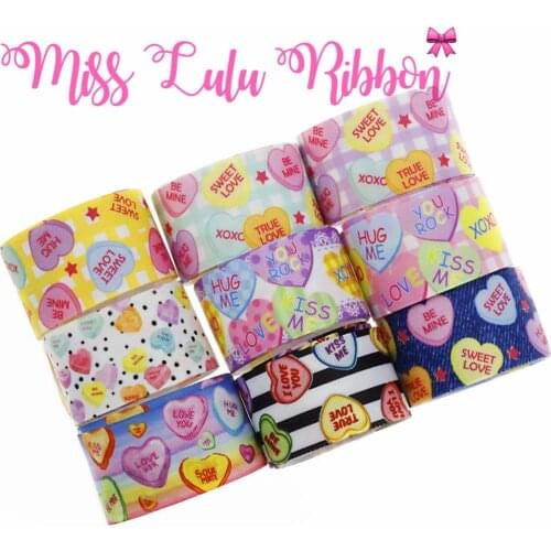 16mm-75mm Love Heart Series Colorful Check Printed Grosgrain/Foe Ribbon Hair Band Making 50yards/roll Jeans Stripe Pattern