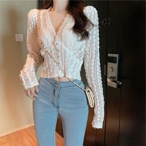 2020 nian Sexy Cutout V-neck Slim-Fit Long Sleeve Lace Shirt Top Blusas Ropa De Mujer