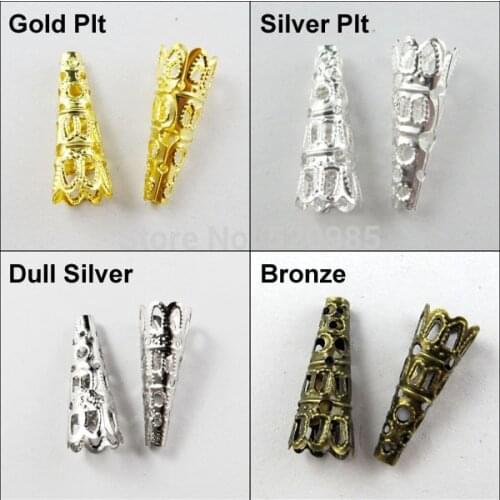 50Pcs=1Lot ! ) Free Shipping Jewelry Finding 9x22MM Bugle Filigree Bead End Cap Cone Gold Silver Bronze Nickel Plated No.BC10