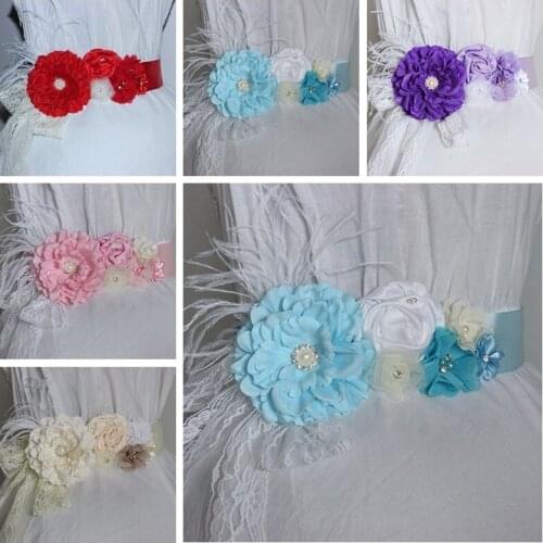 7 Colors Fashion Handmade Peony Flower Sash with Pearl Rhinestone Women Satin Floral Waistband Bridesmaids Dress Decoration