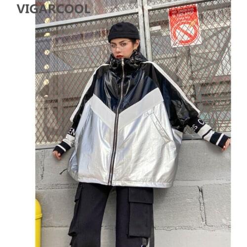 Shiny coat female retro style stitching hit color large size baseball uniform female tide short windbreaker female english style