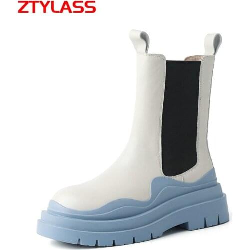 2021 New Autumn Winter Women Ankle Boots Genuine Leather Platform Women Shoes Fashion Slip On Mixed Colors Square Heel Boots