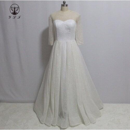 Designer Vestidos De Formature O Neck Ivory Bling Bling Three Quarter Sleeve Floor Length Shine Prom Dresses