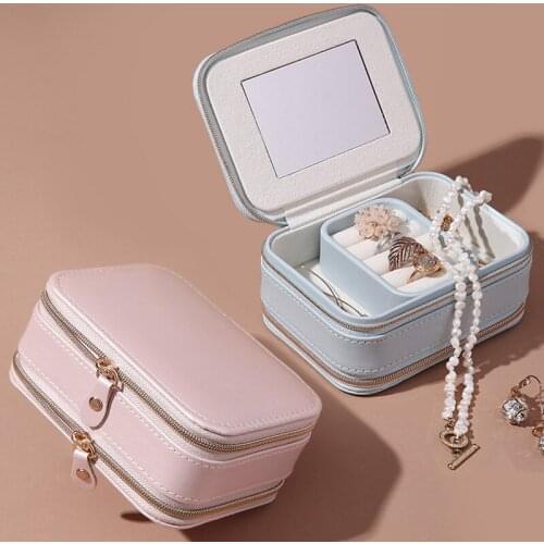 Double Zipper Jewelry Storage Box Ring Earring Necklace Jewelry Portable Box PU Makeup Organizer Box Multifunction Cosmetic Case