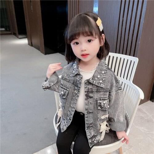 Pearls Beading Denim Jacket for Girls Fashion Coats Children Clothing Autumn Baby Girls Clothes Outerwear Jean Jackets Coat