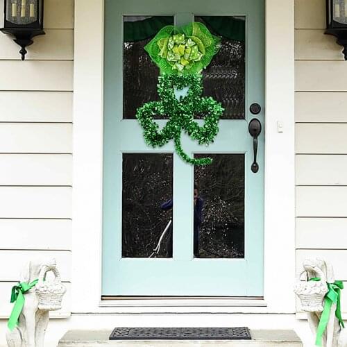 St. Patrick’s Day Shamrock Wreath Lucky Irish Clover Door Window Garland Pendant Clover Shaped Iron wire tinsel Wreath Garland