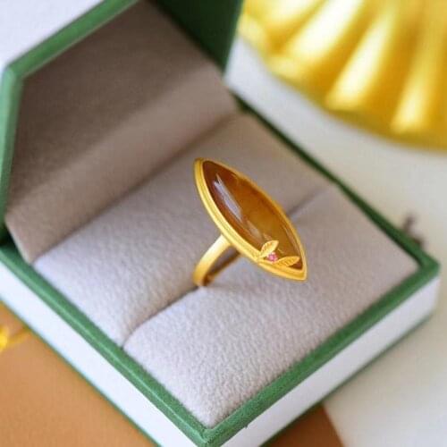 Natural Hetian Jade Sugar Jade Horse Eye Ring Delicate Mosaic S925 Sterling Silver Ancient Gold Inlaid Ring Shank Adjustable Ope