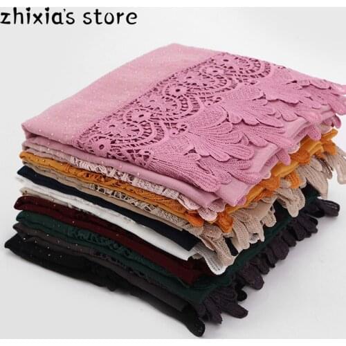 Cotton Dovetail Lace Drill Scarf Shawl Women Muslim Crinkle Hijab Femme Musulman Soft Cotton Headscarf Islamic Shawls and Wraps