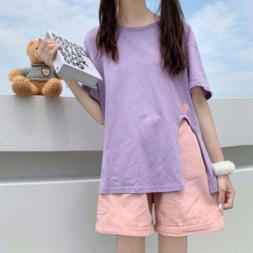 Summer Sweet Girly 2-Piece Set Split Cotton Short Sleeve Love T-Shirt Women Japanese Bear Pocket All-Match Shorts Suit 2021 New