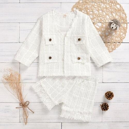 Fashion Baby kids Girls Clothes Set Spring England Style Grid Gold Button Coat + Tassel Shorts Kids Performance Formal Clothes