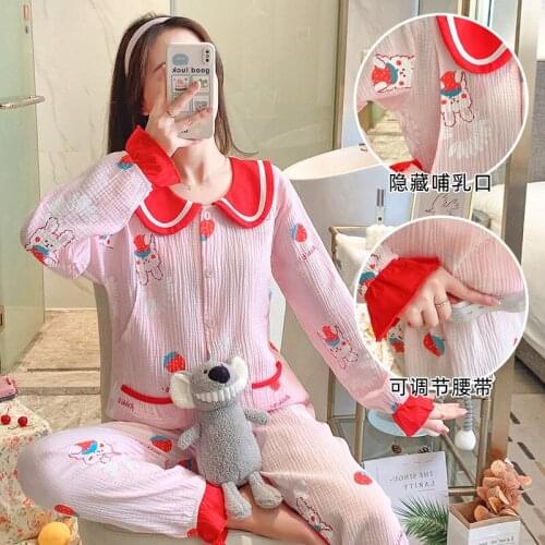 Strawberry Print Maternity Night Pajamas For Pregnant Nightwear Spring Autumn Long Sleeve Cotton Pajamas Nursing Sleepwear