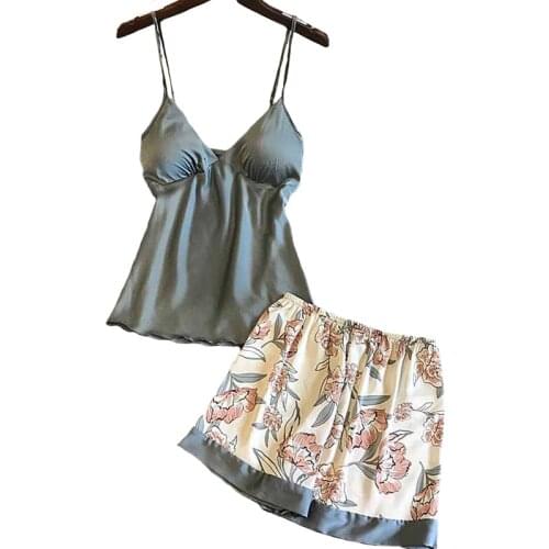 Sexy Pyjama Set Floral Printed Summer Ladies Silk Satin Top+Shorts Women Comfort Poplin Sleepwear With Chest Pad Household Wear