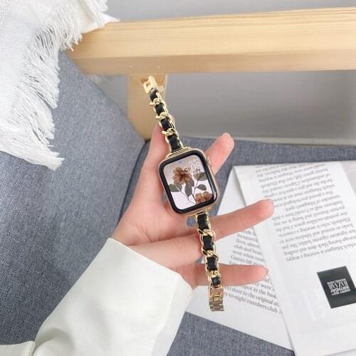 Popular Stainless Steel Slim Leather Strap for Apple Watch 38/40mm 42/44mm for iwatch Band 1 2 3 4 5 6 se Wristband Accessories