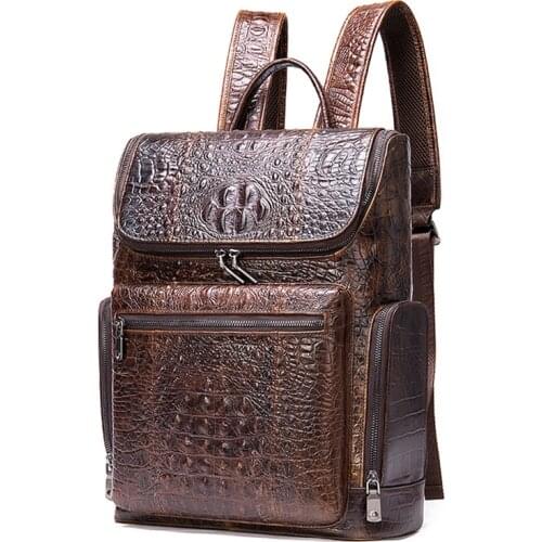 Luxury Cow Leather Backpack for Men Crocodile Large 14" Laptop Backpacks Mens briefcase Shoulder bags Genuine Leather Rucksack