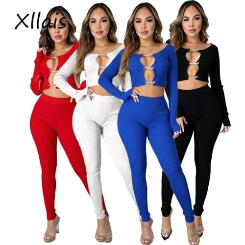 XLLAIS Diamond Pin Rib T-Shirts High Waist Pencil Pants Two Piece Sets Women Sexy Long Sleeve Stretchy Outfits White Clubwear