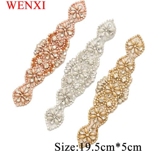 WENXI 5PCS Hand Beaded Bride Gown Sash Crystal Rhinestone Applique Protein Beads Patch Iron On For Dresses DIY WX888
