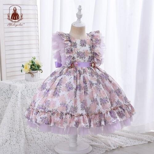 Yoliyolei 5-9 Years Children Lolita Dress Flower Girls Spanish Purple Floral Vintage Style Kids Frocks Puff Sleeves Gown Vestido