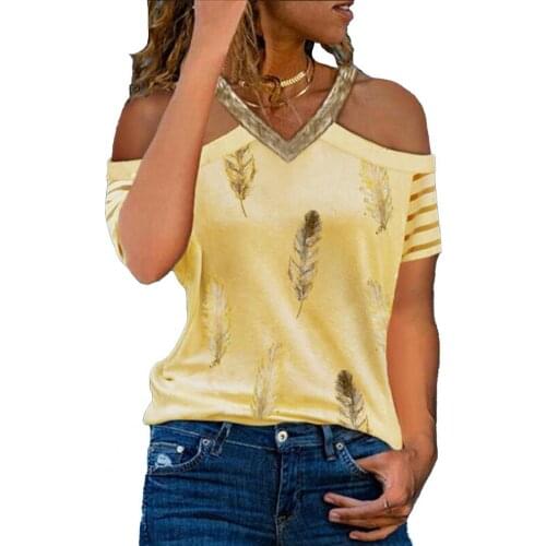 Fashion Women Blouse Feather Print V Neck Summer Hollow Out Shoulder Patchwork T-shirt Comfortable to wear for Party