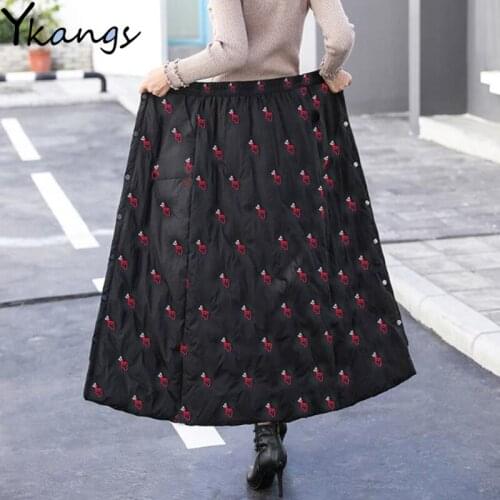 Embroidery Winter Down Cotton Thick Warm Skirts Woment High Waist Plus Size Button Long Skirts 2020 Korean Fashion Ladies Faldas